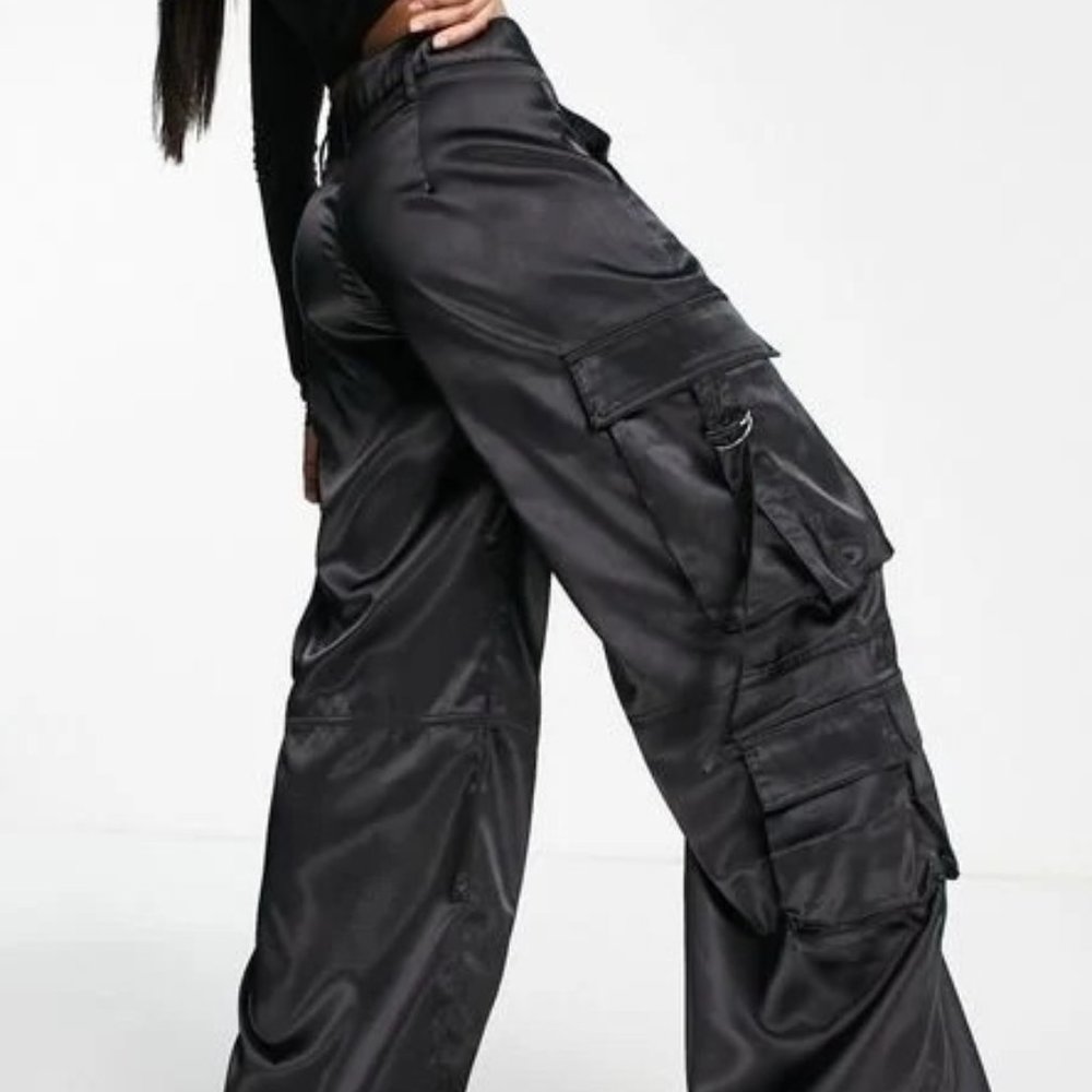 Bershka Satin cargo pocket detail pants in black